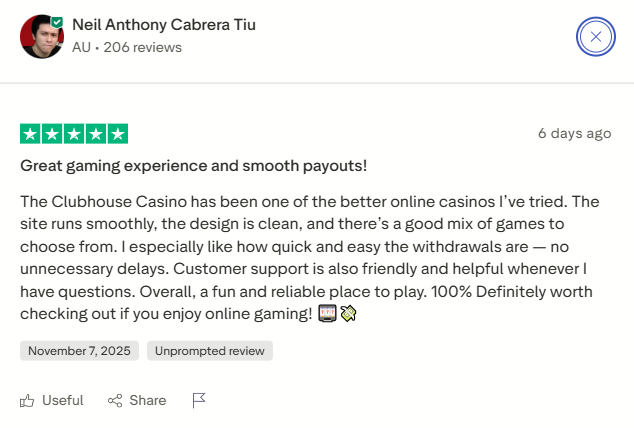 Happy customer review for Clubhouse Casino